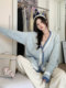 Women's blue V-neck thick sweater jacket autumn and winter