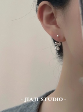 铃兰花蝴蝶结耳钉女小众精致u型耳饰双耳洞一体耳环螺丝拧扣耳坠