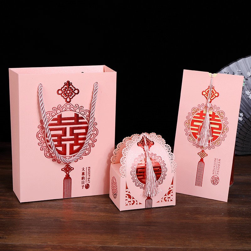 请柬请帖2019喜帖套装手提袋喜糖盒中国风婚礼结婚创意三件套 - 图1
