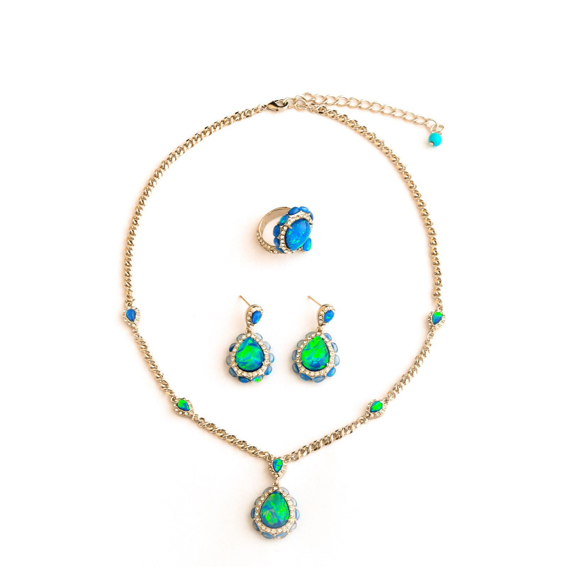 复古蓝铂树脂项链锁骨链耳钉项链戒指首饰三件套小众重工毛衣链 - 图2