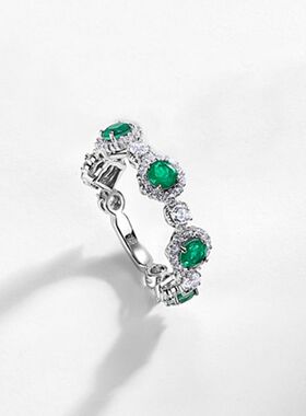 欧美奢华培育祖母绿戒指女S925纯