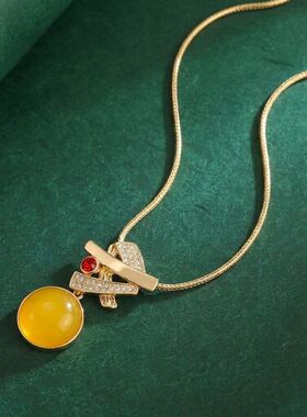 青岛中古新中式黄色石头耳钉项链