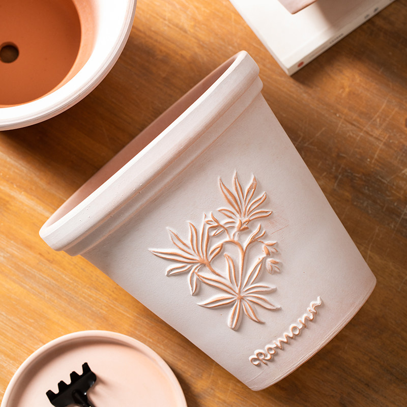 雾化白复古红陶土花盆透气浮雕做旧花园阳台简约绿植大号盆栽装饰,淘宝优惠券,粉丝福利购,淘宝优惠卷