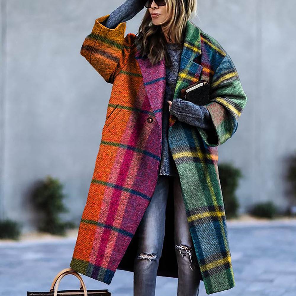 Long sleeved lapel jacket printed woolen long coat-图2