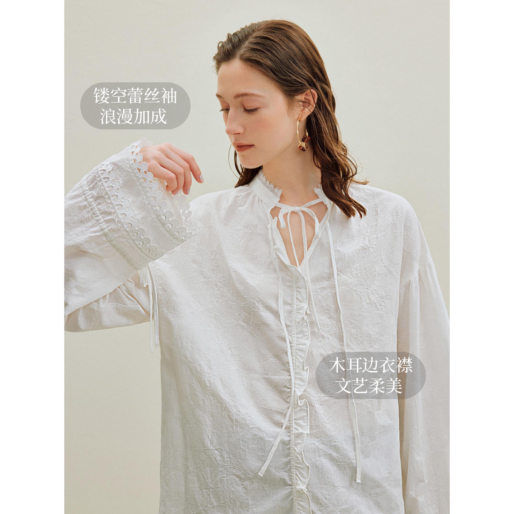法式提花绑带领白衬衫女2025年秋季新款拼接蕾丝花边长袖百搭衬衣