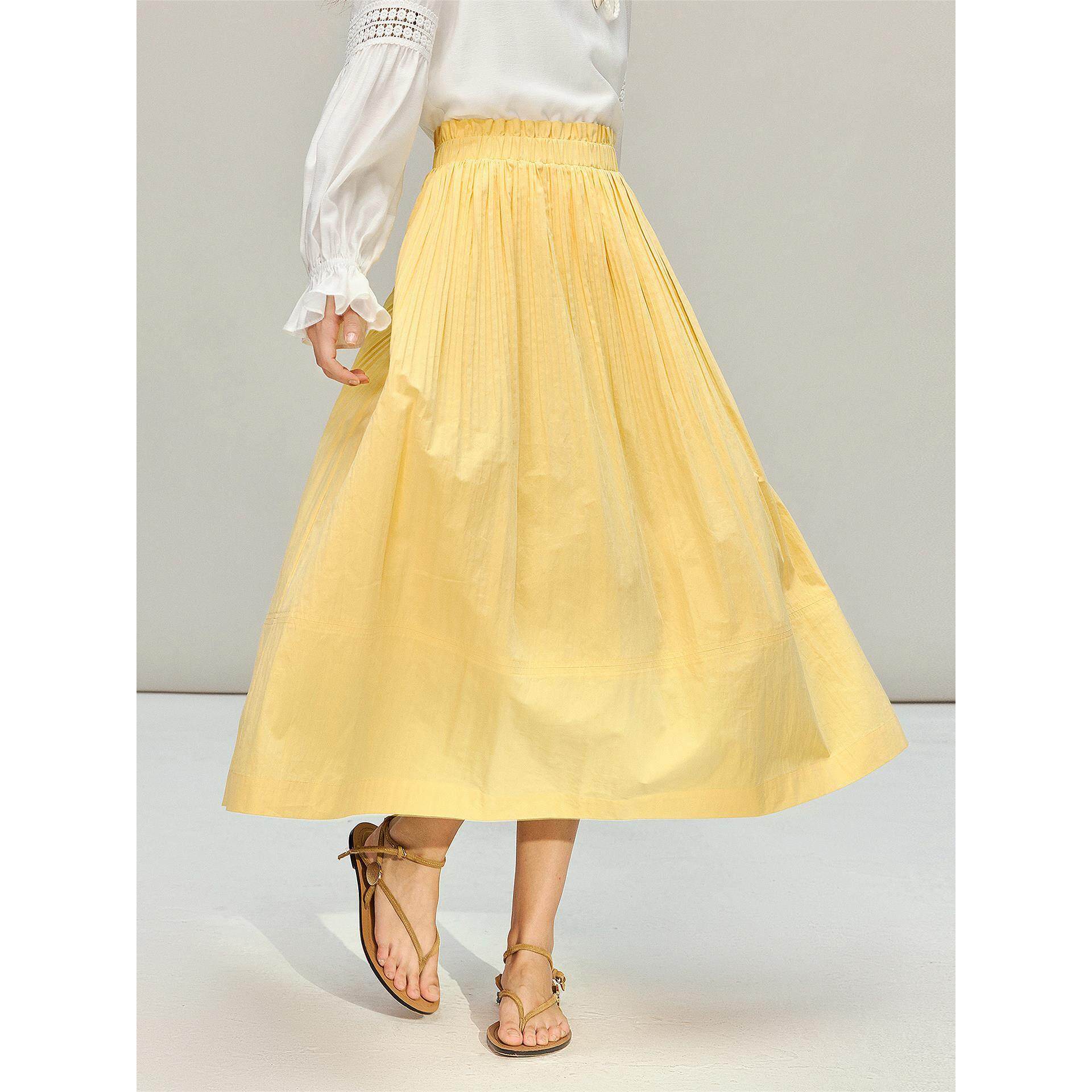 黄玫瑰|撤柜压褶木耳边鹅黄色半身裙女2026年早春中长款高腰伞裙