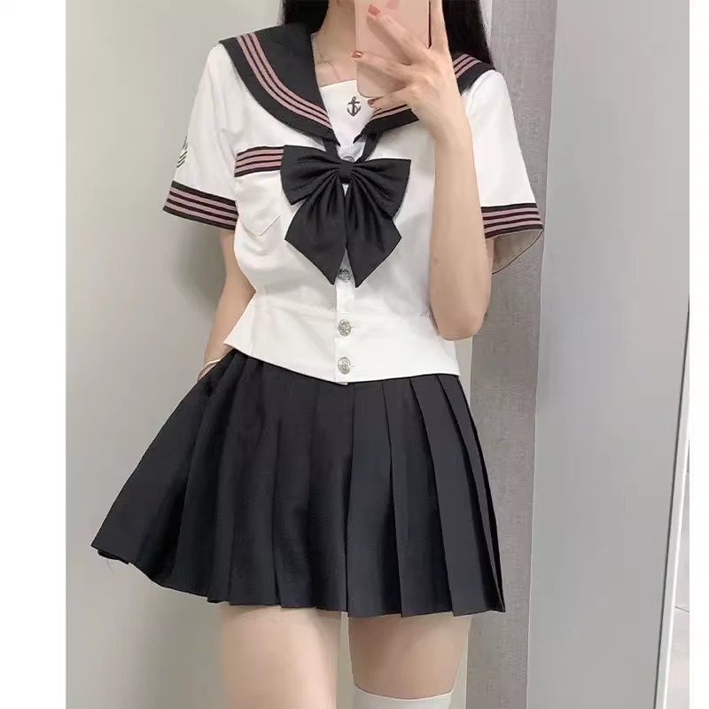 原创jk制服套装正版日系中间服绀色校供收腰水手服百褶短裙校服女 - 图1