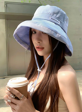 清爽系蓝色条纹防晒糖果色渔夫帽