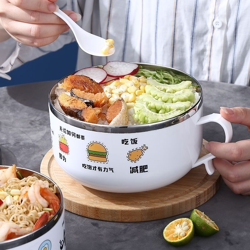 学生宿舍泡面碗带盖筷套装小饭盒不锈钢快餐杯防烫儿童吃饭碗情侣