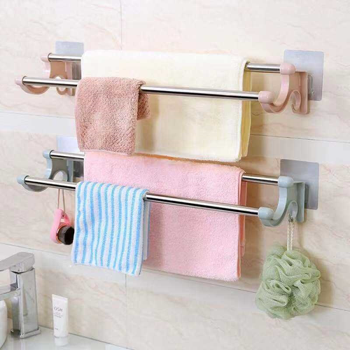 浴室挂毛巾的架子强力粘贴双杆免打孔卫生间浴巾挂架厨房抹布挂钩 - 图1