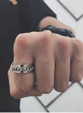网红开啤酒可转动链条戒指 个性ins钛钢潮男女旋转指环戒抖音同款