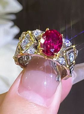 鸽子蛋红钻镂空满钻戒指