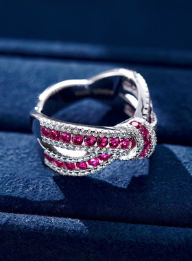 S925镀金美国进口D色莫桑石群镶满钻缠绕蝴蝶结钻戒蓝钻戒指