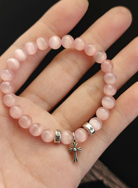 复古银珠925纯银黑曜石手链朋克风红玛瑙绿松石十字花十字架手串