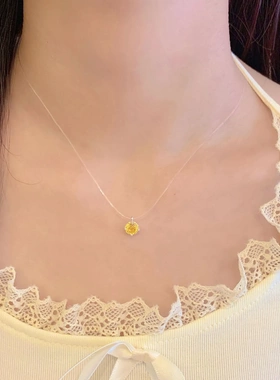 超闪紫黄色玫瑰切8mm锆石吊坠鱼线项链女小众轻奢精致花朵锁骨链