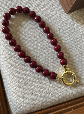 西班牙正圆极光高亮微瑕红色手工珍珠6mm手链925银JOIADEMAJORICA