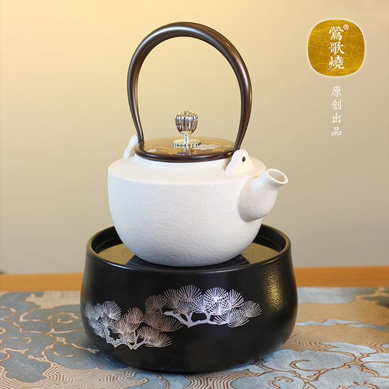 莺歌烧电陶炉茶炉黑底银松电茶炉家用静音煮茶器银壶铁壶烧水茶炉-图0