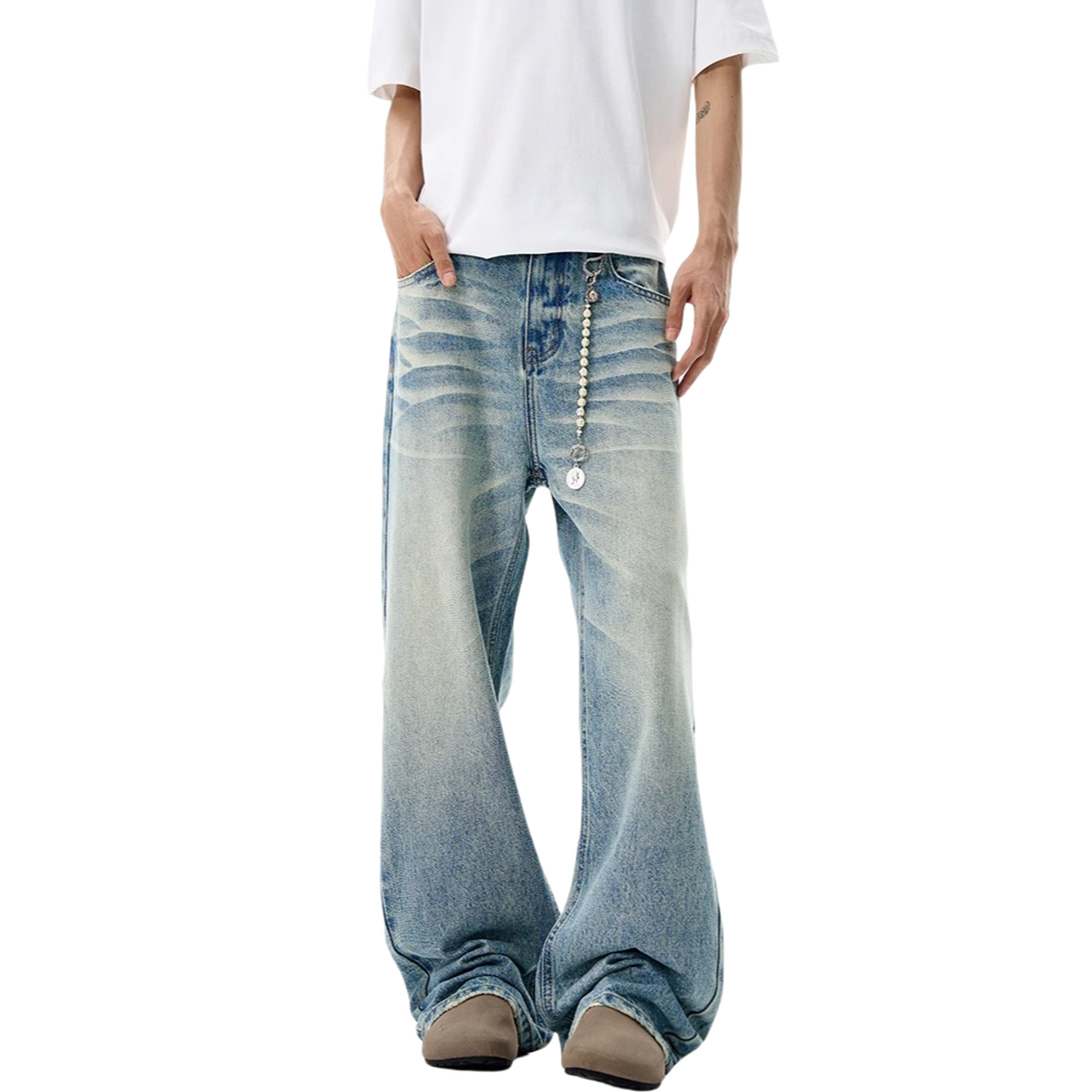 RASP水洗3D猫须做旧牛仔裤复古美式街头风春秋直筒阔腿休闲长裤子