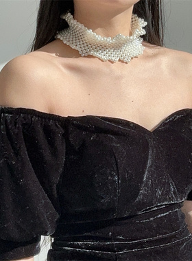 欧式重工花边湾湾珍珠编织项链choker