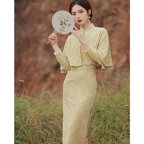 Легкое ципао, плащ, длинная накидка, платье, ретро демисезонный комплект, 2021 года