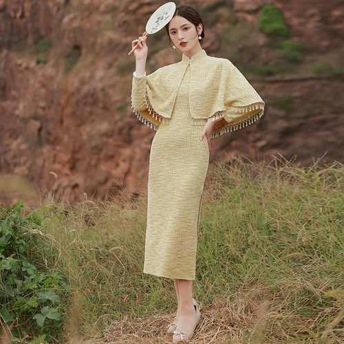 Легкое ципао, плащ, длинная накидка, платье, ретро демисезонный комплект, 2021 года