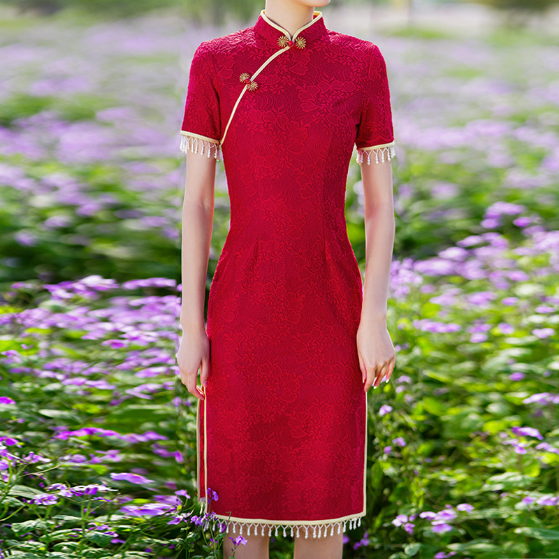 Red evening dress, thin retro lightweight summer cheongsam, 2021 years Red evening dress, thin retro lightweight summer cheongsam, 2021 years