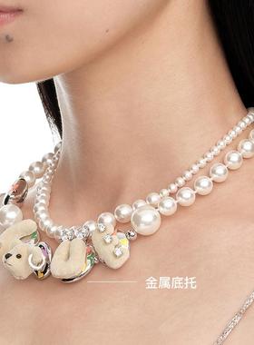 YVMIN尤目 LOVE熊人造珍珠双层项链毛衣链珍珠颈链新年生日礼物