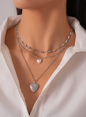 欧美仿珍珠爱心印花三层叠戴毛衣链法式复古小众高级感气质项链女