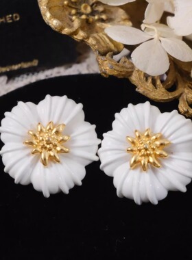 Vintage中古首饰Monet莫奈珐琅彩花花红色彩釉珍珠耳钉耳夹孤品
