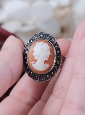 Vintage西洋中古首饰卡梅奥cameo贝雕手工925银古董店孤品戒指G17