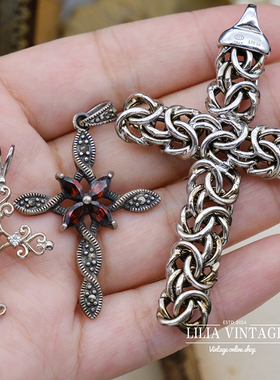 镂空雕刻纯银十字架吊坠项链