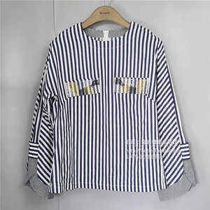 Yigue/亦谷春夏全棉竖条纹清新百搭减龄文艺衬衫上衣女41738I1898