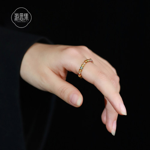 游思集新款碧玺纯金彩虹色戒指女时尚个性轻奢小众高级感复古戒指 - 图1