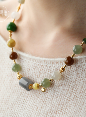 【四时春项链】天然和田玉多宝蜜蜡文艺轻奢项链女款金发晶设计感
