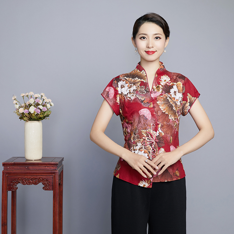 中国风唐装短袖女夏装复古民族风中老年上衣旗袍妈妈夏季棉衬衫