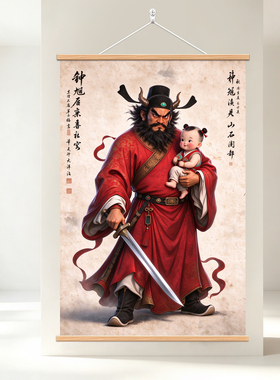 天师钟馗镇宅神威图中堂挂画油画布玄关装饰画字画卷轴实木挂轴