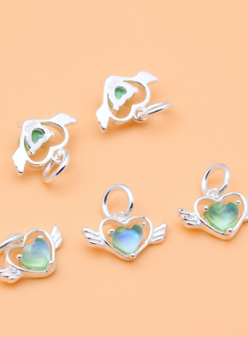 S925纯银爱心天使翅膀挂件 手工编织diy串珠材料编织配件