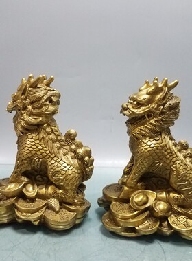 纯铜麒麟摆件一对风水瑞兽