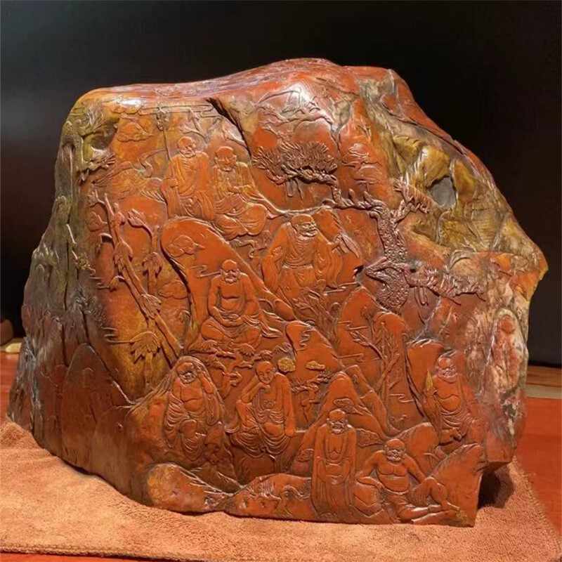 清・玉セン作款・古寿山石・田黄石彫・寿星置物・箱付』極細工・古賞物