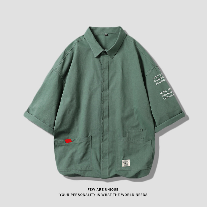 稻草人五分袖男士夏季纯棉休闲衬衫 稻草人男装衬衫