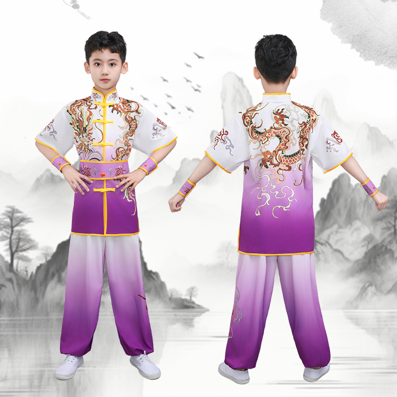 新款儿童武术表演服装短袖套装武术比赛服装武术操舞旗演出服彩服 - 图1