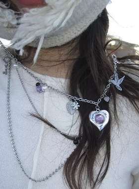 Y2K复古爱心钛钢项链夜莺心紫色清新甜美高级感多层叠戴长款项链