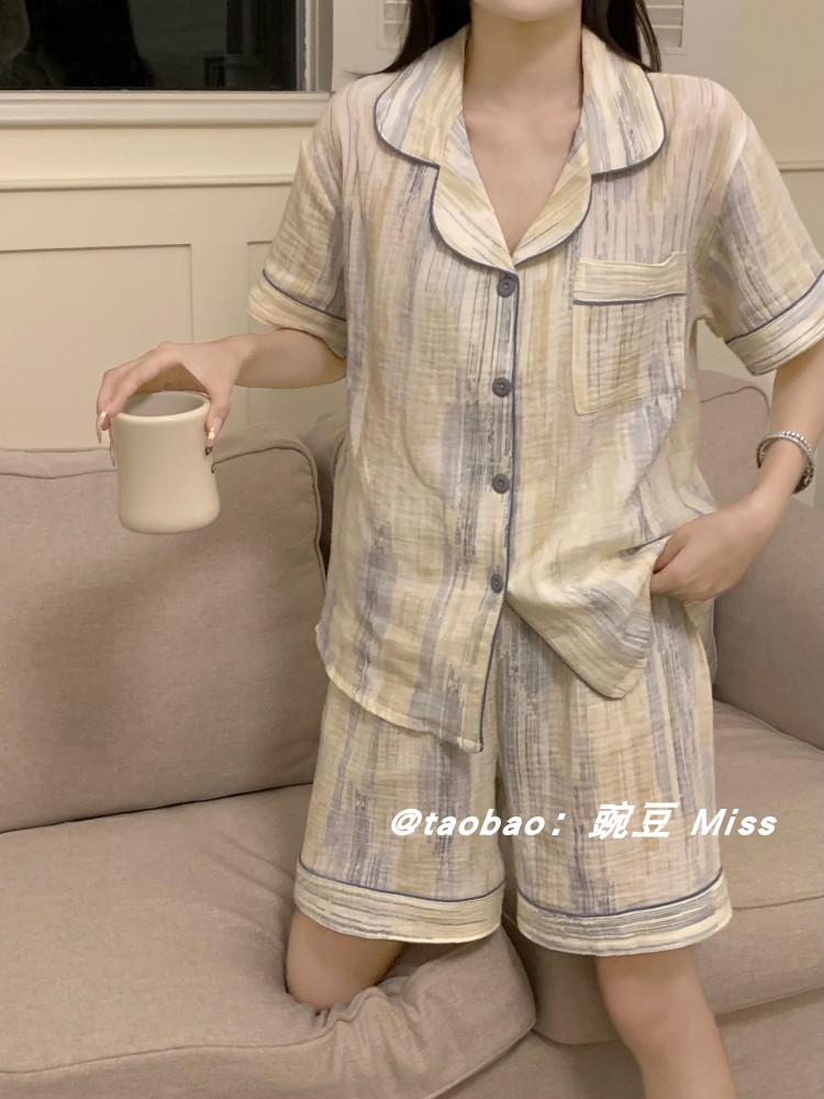 日系甜美风睡衣女油画短袖套装夏天韩版ins简约短裤家居服可外穿