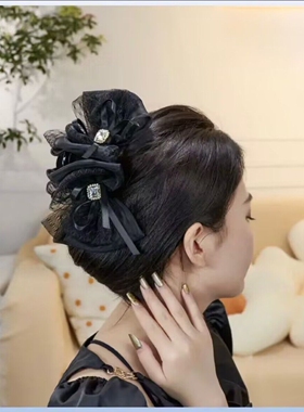 双子星网纱抓夹蝴蝶结水钻夹子发量多盘发鲨鱼夹后脑勺发夹发饰女