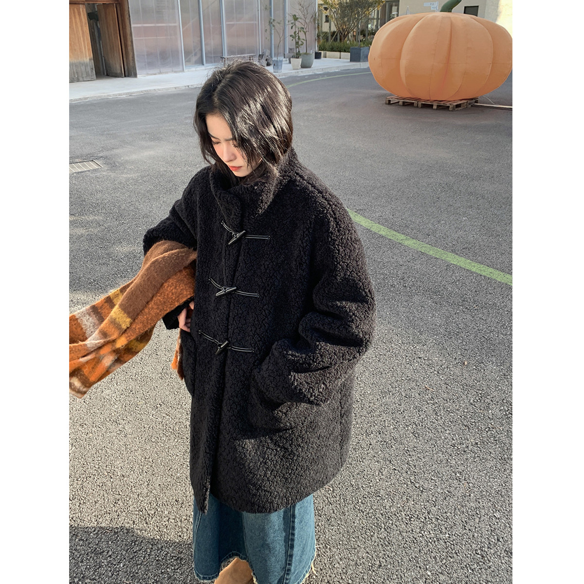 SIXI四喜家黑色羊羔毛皮草外套女秋冬中长款牛角扣加厚泰迪熊大衣,淘宝优惠券,粉丝福利购,淘宝优惠卷