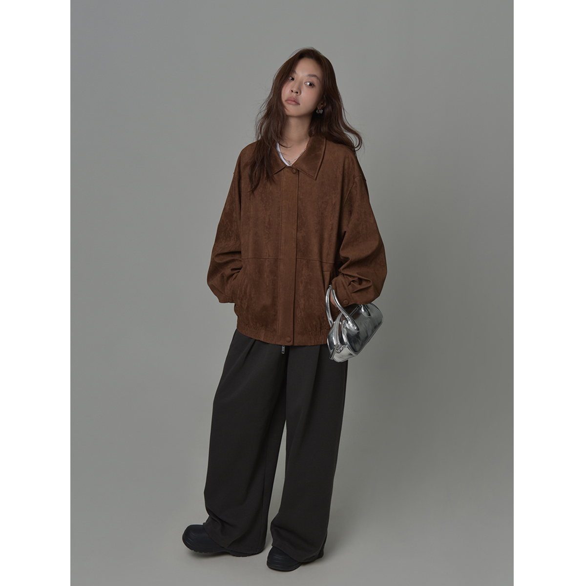 SIXI四喜家 霓虹古董街 复古慵懒翻领麂皮夹克女秋季廓形棕色外套 - 图3