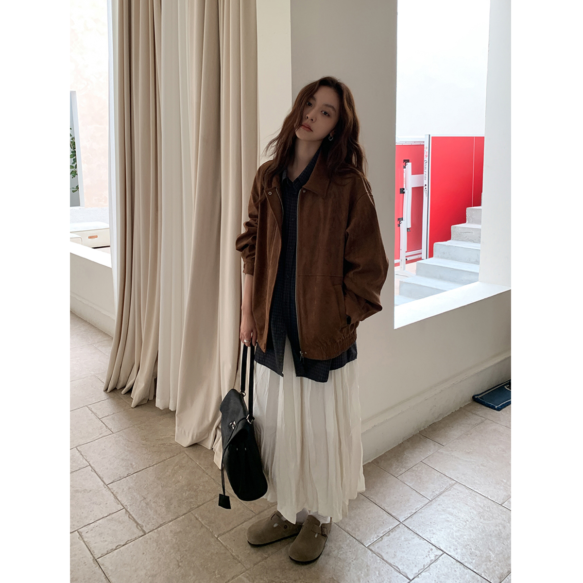 SIXI四喜家 霓虹古董街 复古慵懒翻领麂皮夹克女秋季廓形棕色外套 - 图0