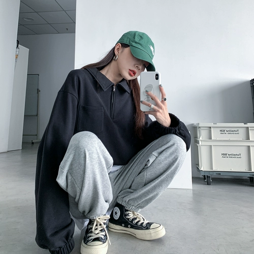 Свитшот с молнией, осенний, на молнии, в корейском стиле, свободный крой