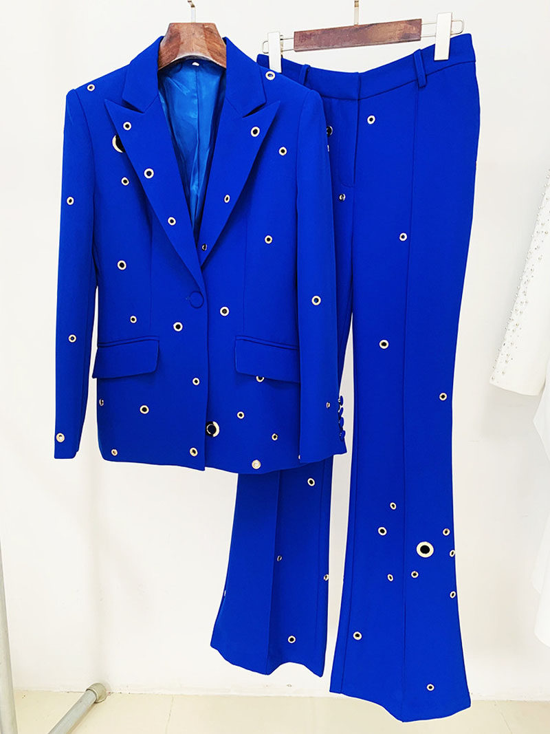 现货2026欧美走秀重工金属孔一粒扣西装外套微喇叭长裤两件套装女,淘宝优惠券,粉丝福利购,淘宝优惠卷