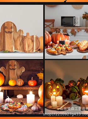 Halloween Ghost Pumpkin Wooden Dinner Plate Acacia Wood Chop